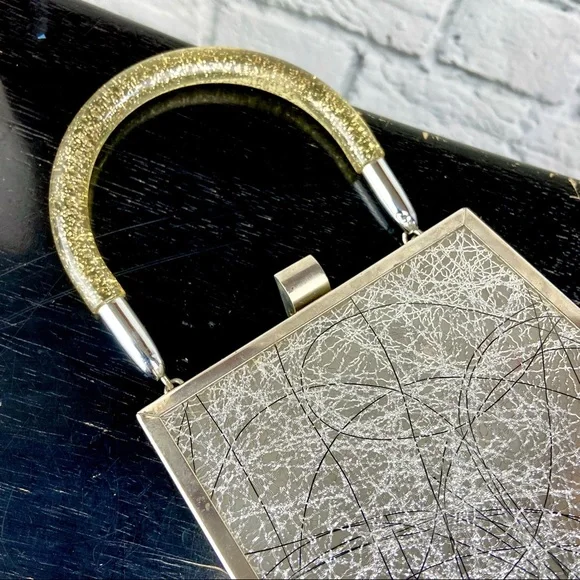 Vintage Chrome Lucite Purse Metallic Tinsel Retro 50s 60s Mod Mid-Century